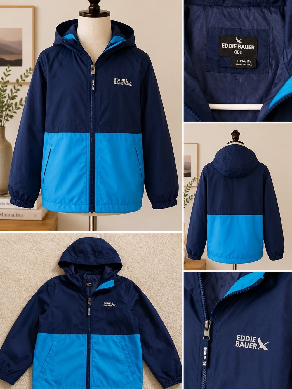 Eddie Bauer Kids Hooded Windbreaker Jacket Blue Colorblock Full Zip Rain Coat